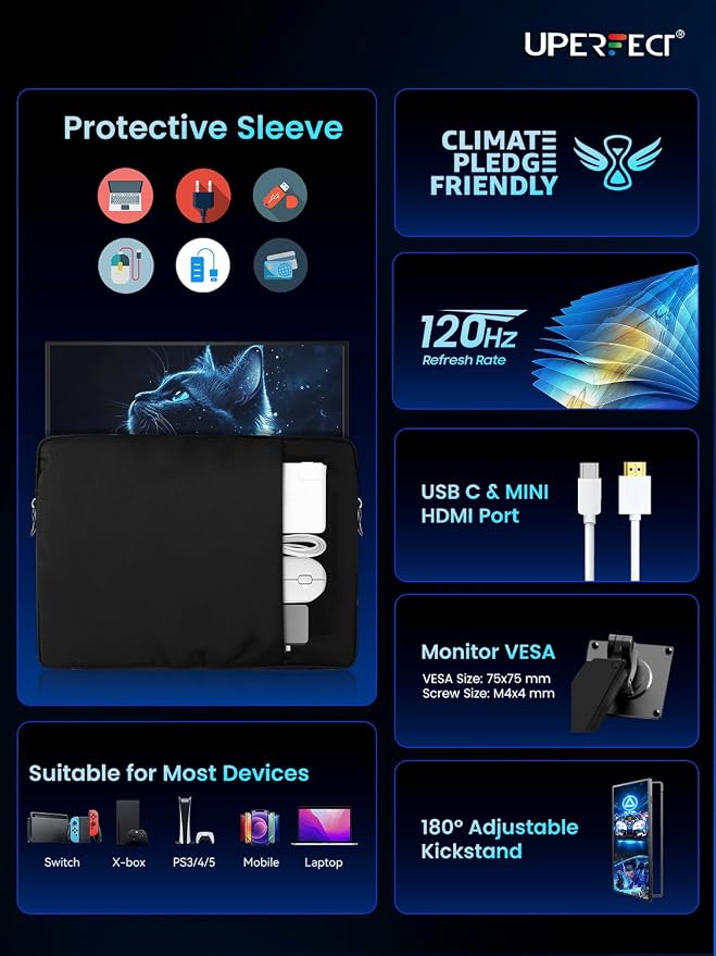 UPERFECT Portable Monitor 18.5-inch 120HZ Touchscreen 100% sRGB w/VESA & Stand - Image 8