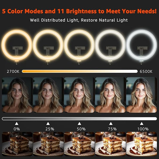 10" LED Ring Light with Overhead Phone Stand, CRI≥95 1200lm Dimmable Lighting - Image 2