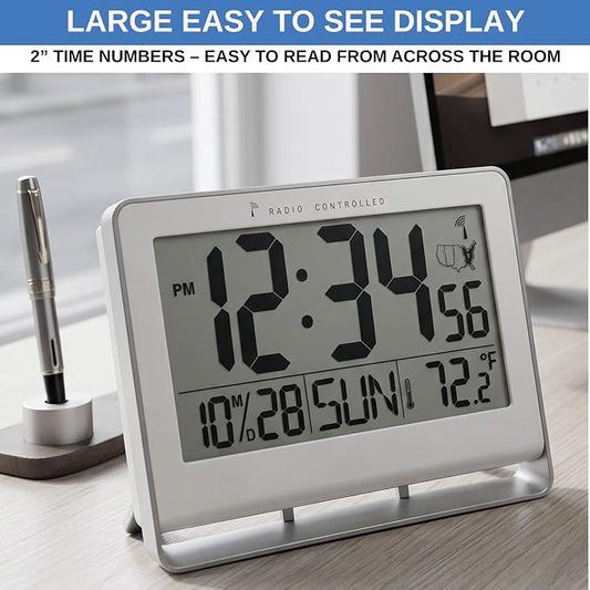 Atomic Digital Wall Clock, Battery-Operated, Large 2" LCD Numbers, Self-Setting - Image 2