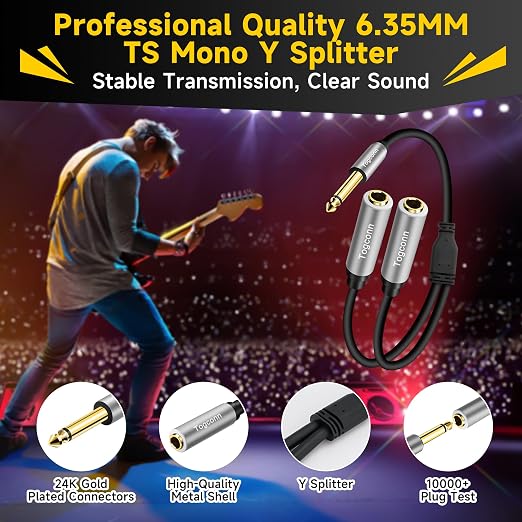 1/4 inch TS Mono Splitter Y Adapter, 6.35mm Mono Male to Dual 6.35 mm TS Mono - Image 2