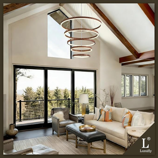 Modern LED Ring Chandelier 5-Light Chandelier Wood Grain Dimmable Round Foyer - Image 2