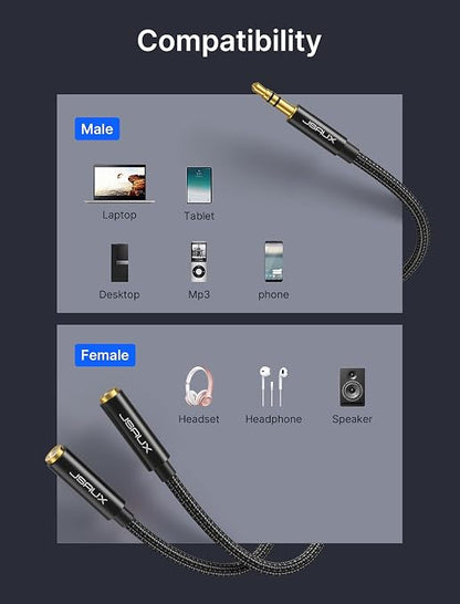JSAUX Headphone Splitter 4ft, Audio Splitter 3.5mm Male TRS to 2 Dual 3.5mm - Image 5