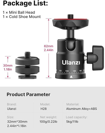 Mini Ball Head, ULANZI H28 Panoramic Tripod Head + Dual Hot Shoe Mount DSLR - Image 6