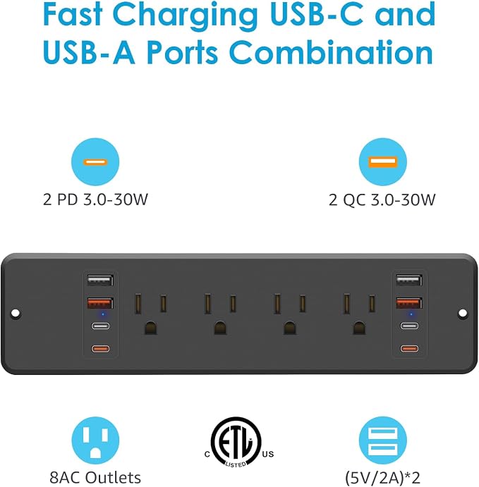 HHSOET 8 Outlet Recessed Power Strip, 30W Fast Charging Furniture Power Outlet - Image 3