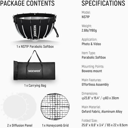 NEEWER Parabolic Softbox Kit, 23.6" Bowens Mount Soft Box - Image 9