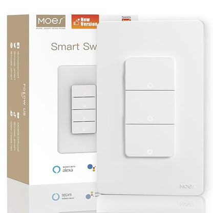 MOES Smart Triple Light Switches, 2nd Generation Wi-Fi 3 Gang Single Pole Switch by MOES