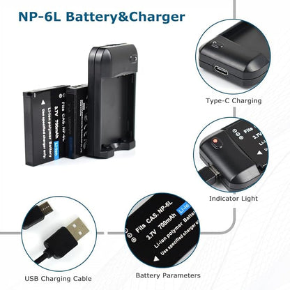 NP-6L Battery Charger + 2 pcs Rechargeable 3.7V 700mAh Batteries - Image 2