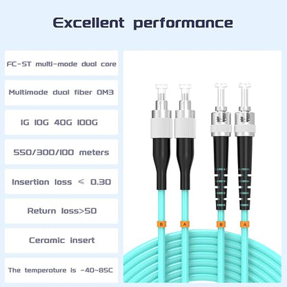 OM3 FC/UPC to ST/UPC Fiber Patch Cable 3Meters 10ft 10BG Multimode Duplex - Image 2