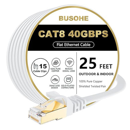 BUSOHE Cat 8 Ethernet Cable 25 FT, 40Gbps 2000Mhz High Speed Flat Cat8 Cable by BUSOHE