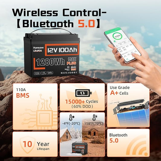 12V 100Ah LiFePO4 Lithium Battery MAX Bluetooth 5.0 IP67, Built-in 110A BMS - Image 2