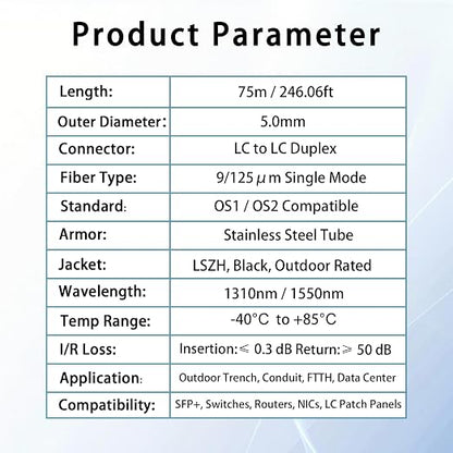 75M/246FT LC to LC Armored Outdoor Fiber Optic Cable, Single Mode Duplex - Image 6