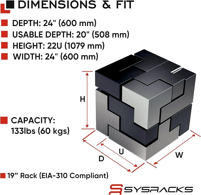 22U Wall Mount Server Rack Cabinet 24” Deep, 19” Network & AV Enclosure - Image 3