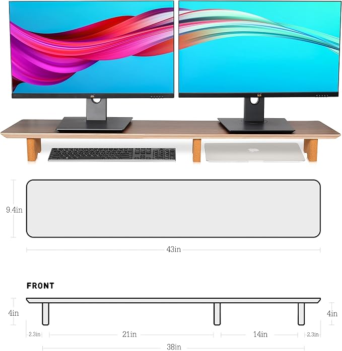 Aothia Large Dual Monitor Stand Riser, Solid Wood Desk Shelf - Image 4