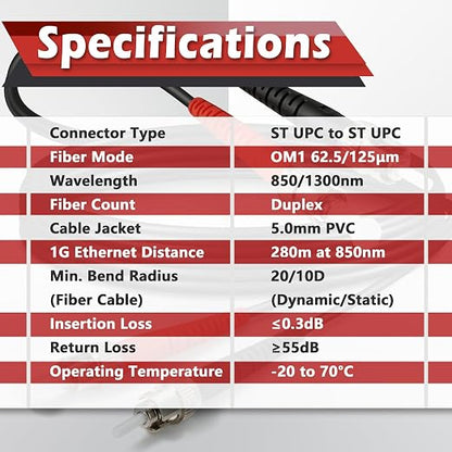 50ft / 15m Outdoor Armored OD-5mm OM1 ST to ST Fiber Cable, ST-ST Fiber Optic - Image 5