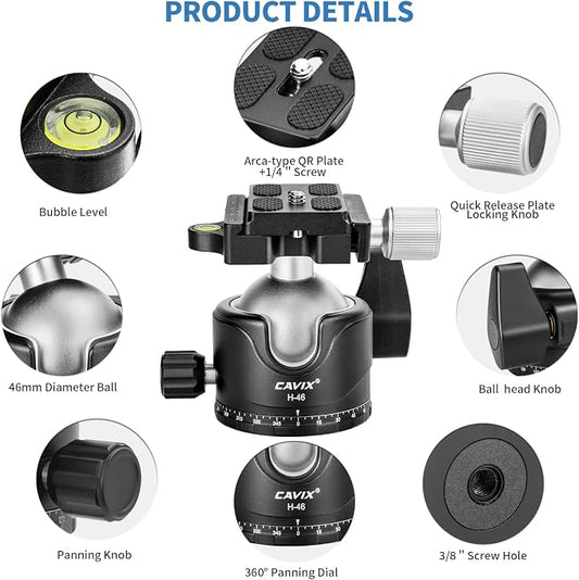 CAVIX Tripod Ball Head with 1/4" Arca Swiss Quick Release Plate Aluminium - Image 2