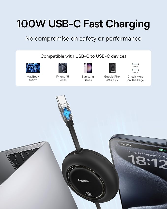 Baseus USB C to USB C Cable, 100W 6.6ft Retractable USB C Fast Charging Cable - Image 2