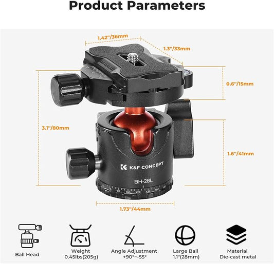 K&F CONCEPT Professional 28mm Metal Tripod Ball Head 360 Degree Rotating - Image 2