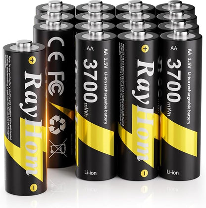 16 Pack AA Lithium Rechargeable Batteries, 3700mWh High Capacity, 1.5V Constant by RayHom