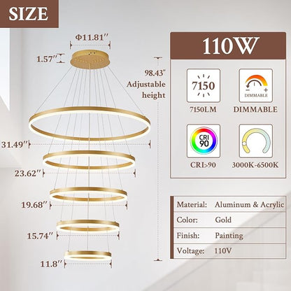 5-Rings D31.5in Modern LED Chandelier Gold Dimmable High Ceiling Chandeliers - Image 3