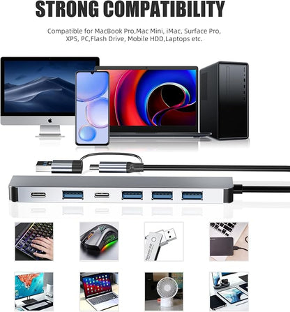 Aluminum 7 in 1 USB C Hub with USB 3.0, 7 Ports with 2* USB-C and 5* USB-A - Image 7