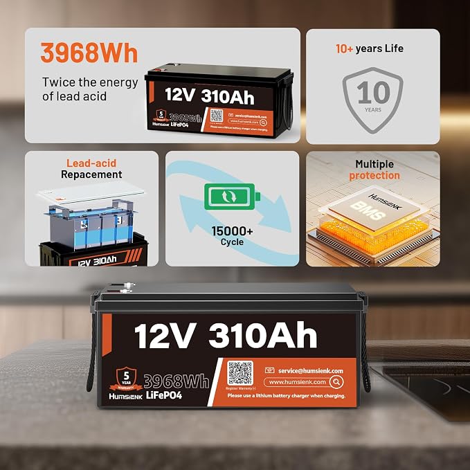 12V 310Ah LiFePO4 Lithium Battery 2PCS– Max. 3968Wh, 15000+ Deep Cycle Battery - Image 2