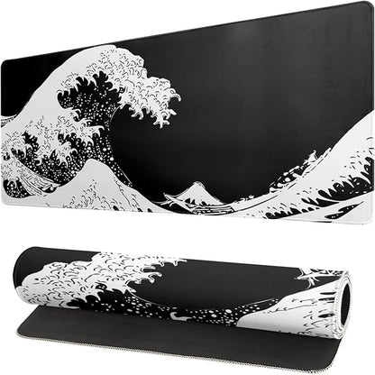 Japanese Sea Wave Large Mouse Pad, Abstract Black Gaming Mousepad, Extended by Siski