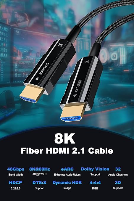 8K Long HDMI 2.1 Cable 50ft, Fiber Optic HDMI Cable Braided Cord, High Speed - Image 3