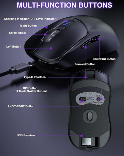 AULA SC580 Wireless Gaming Mouse, Tri-Mode 2.4G/BT5.0/USB-C Gaming Mouse - Image 5