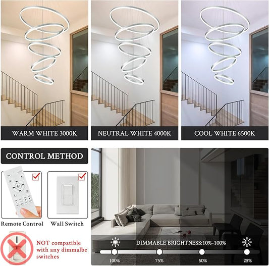 5-Rings D31.5in Modern LED Chandelier Silver Dimmable High Ceiling Chandeliers - Image 2