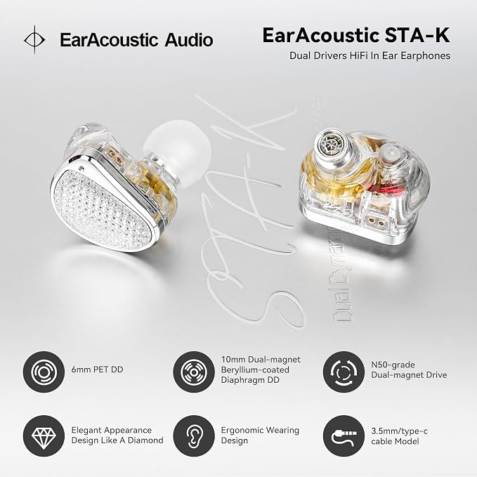 STA-K In Ear Monitor, EarAcoustic Audio HiFi Stereo Wired Earbuds, Hybrid Dual - Image 3