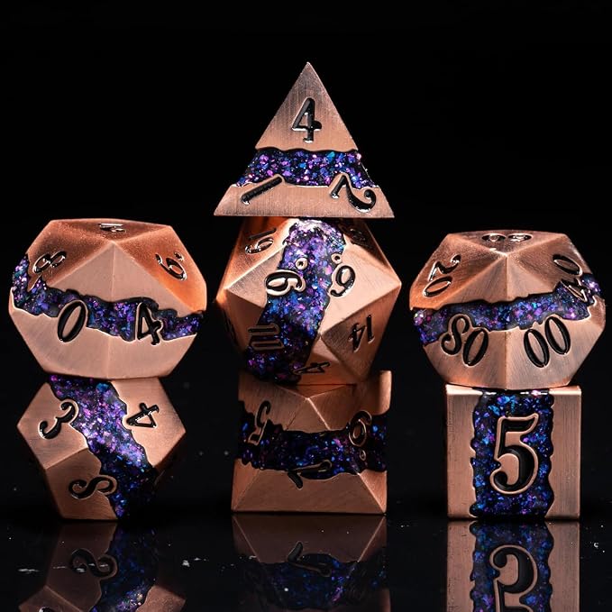 Polyhedral Metal Dice DND, RPG Purple Glitter Stripe Dice Set, Antique Copper by Maywin