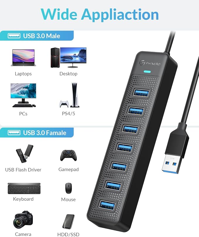 PHIXERO 7 Port USB Hub, 3.3FT/1M Long Cable USB 3.0 Hub Multi USB Port Hub - Image 7