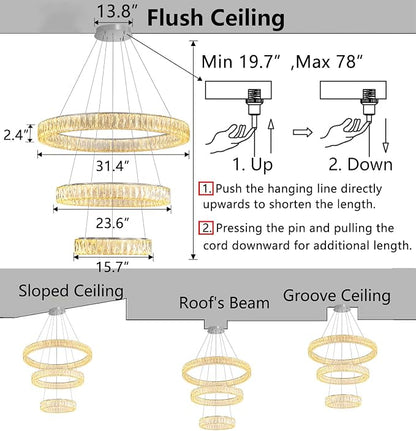 HAIXIANG Modern Glam Chandelier Crystal LED Remote Rings Chandelier Adjustable - Image 2