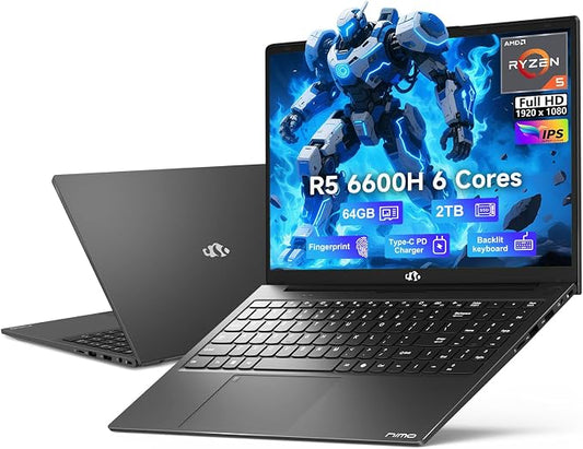 NIMO 15.6" IPS FHD-Gaming-Laptop, AMD Ryzen 5 6600H 6-Cores 660M GPU 64GB DDR5 by Nimo
