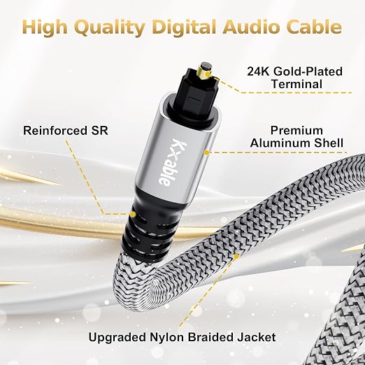 Kxable Optical Audio Cable 12 FT, Digital Audio Cable, Toslink Fiber Optic Cord - Image 2