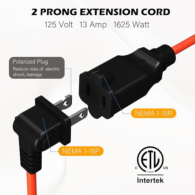 90 Degree 2 Prong Polarized Outdoor Power Extension Cord 20 FT, Angled - Image 5