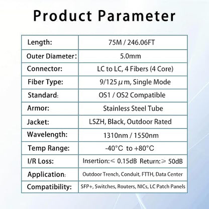 75M/246FT Outdoor Armored LC to LC Fiber Optic Cable, 4 Core OS2 Single Mode - Image 6