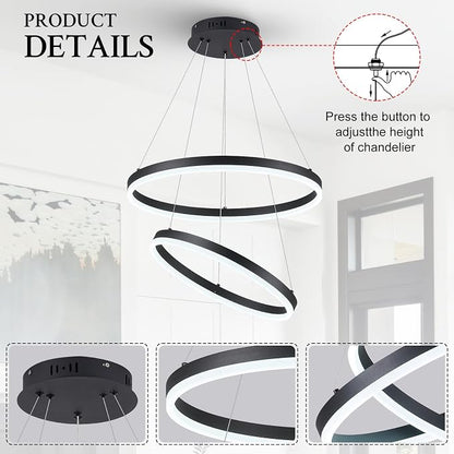 Modern LED Chandelier Black 2-Rings Pendant Light Circular Flush Mount Ceiling - Image 7