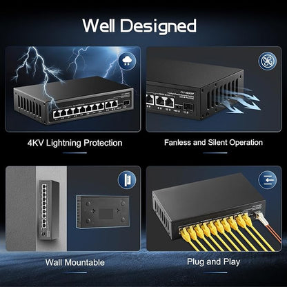 11 Port POE Switch, 8 POE+ 10/100Mbps, 2 Gigabit Uplink, 1 Gigabit SFP - Image 5
