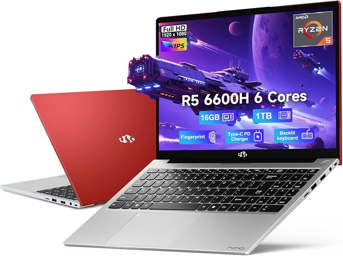 NIMO 15.6" IPS FHD-Gaming-Laptop, AMD Ryzen 5 6600H 6-Cores 660M GPU 16GB DDR5 by Nimo