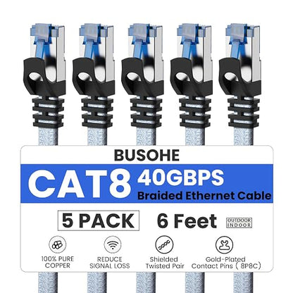 BUSOHE Cat 8 Ethernet Cable 6 FT 5 Pack, Nylon Braided High Speed Heavy Duty by BUSOHE