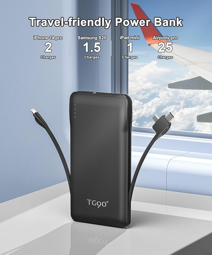 TG90° Portable Charger with Cords 10000mAh Power Bank with Built in Cables - Image 5