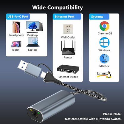 USB to Ethernet Adapter 2.5Gb, Dual-Connector 2 in 1 USBA&USBC to 2.5 Gigabit - Image 6