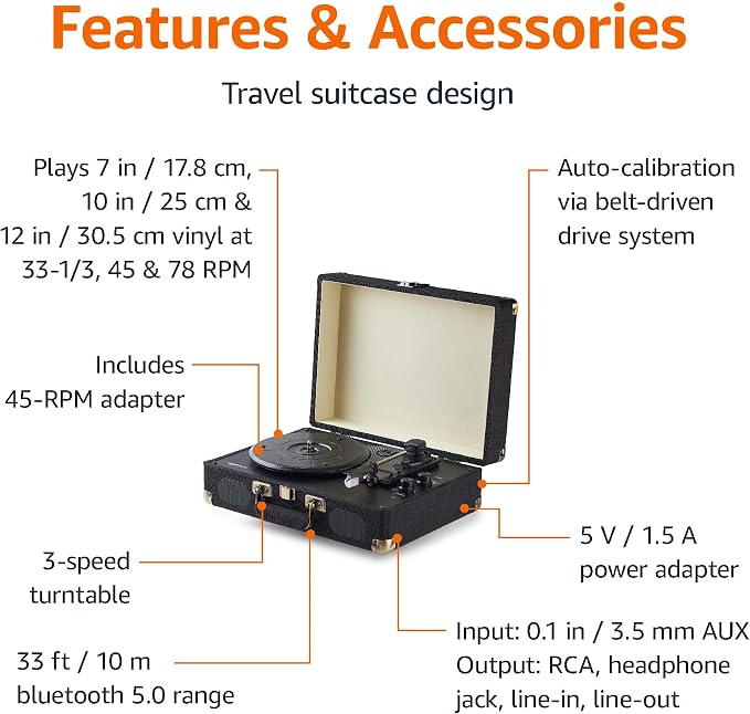 Amazon Basics Portable Suitcase Vinyl Turntable Record Player - Image 2
