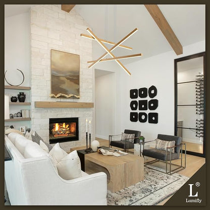 Linear Pendant Light Mdoern LED Chandelier 32" Boho Oak Wood Painted Ceiling - Image 3