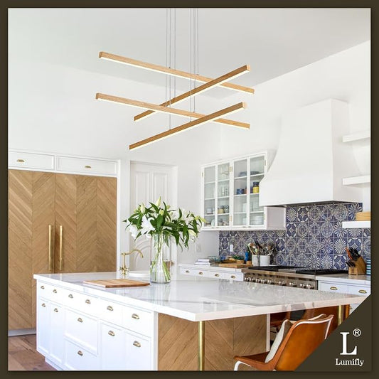 Linear Pendant Light Mdoern LED Chandelier 32" Boho Oak Wood Painted Ceiling - Image 2