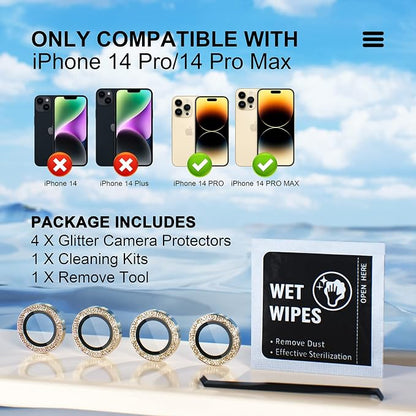 Misea for iPhone 14 Pro/iPhone 14 Pro Max Camera Lens Protector Bling, 9H - Image 2