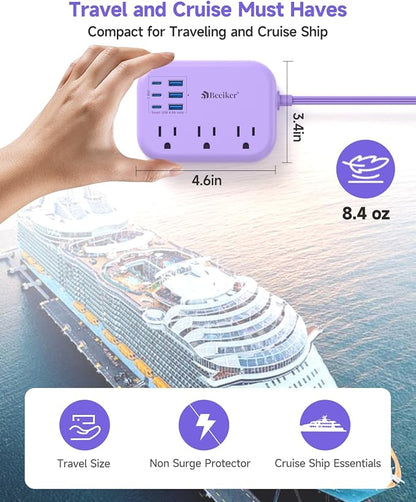 6 USB Purple Travel Power Strip- 5Ft Purple Extension Cord - Image 4