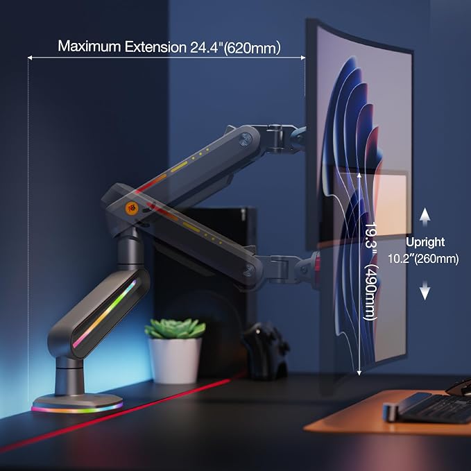 RGB Gaming Monitor-arm for Flat/Ultrawide/Curved Monitors 32 to 60 inch - Image 5