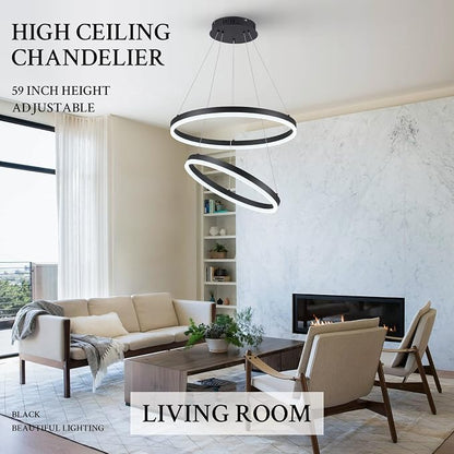 Modern LED Chandelier Black 2-Rings Pendant Light Circular Flush Mount Ceiling - Image 9